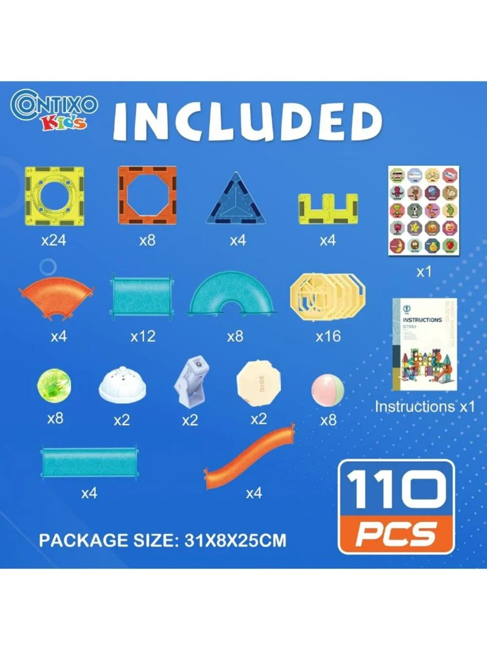 STEM Building Toys Set - 110 pcs Magnetic Marble Run Tiles, Educational Blocks
